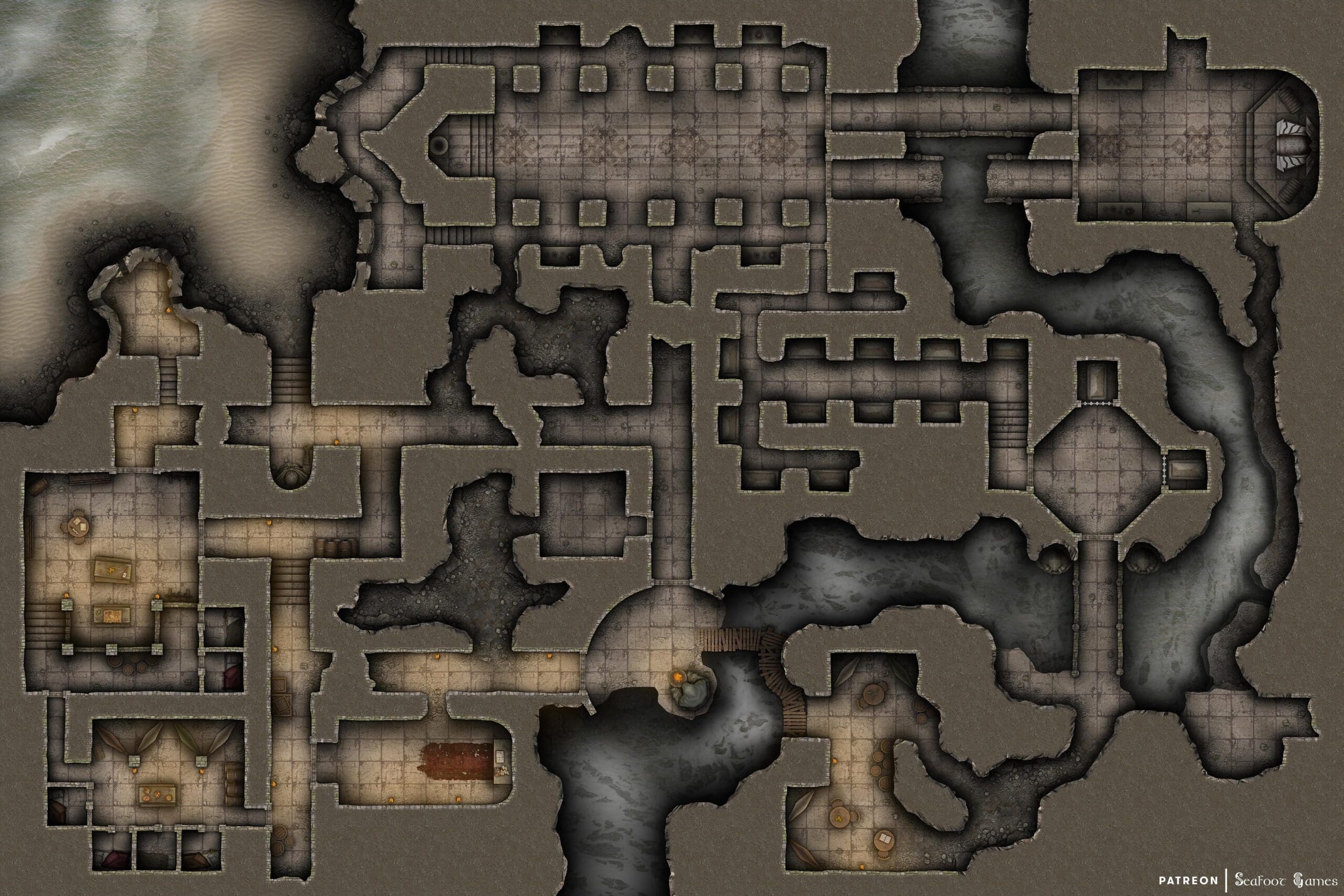 Daggercoast Great Ruins Bandit Hideout Free 60x40 DnD Battlemap & featuring a dark magical artifact. VTT ready!