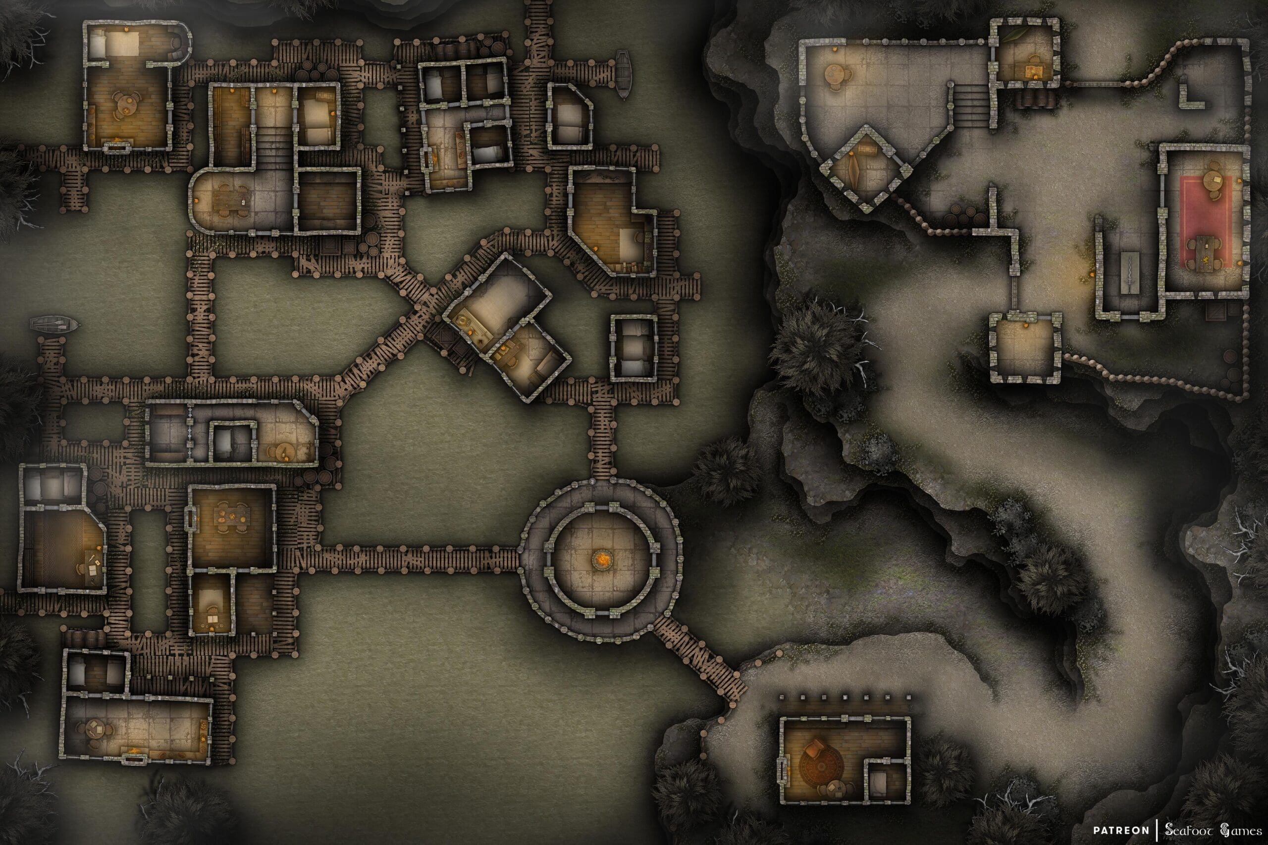 Swamp Village Fortress Free 60x40 DnD Battlemap & Adventure, featuring a curse decimating a remote village. Do they deserve it? VTT ready!